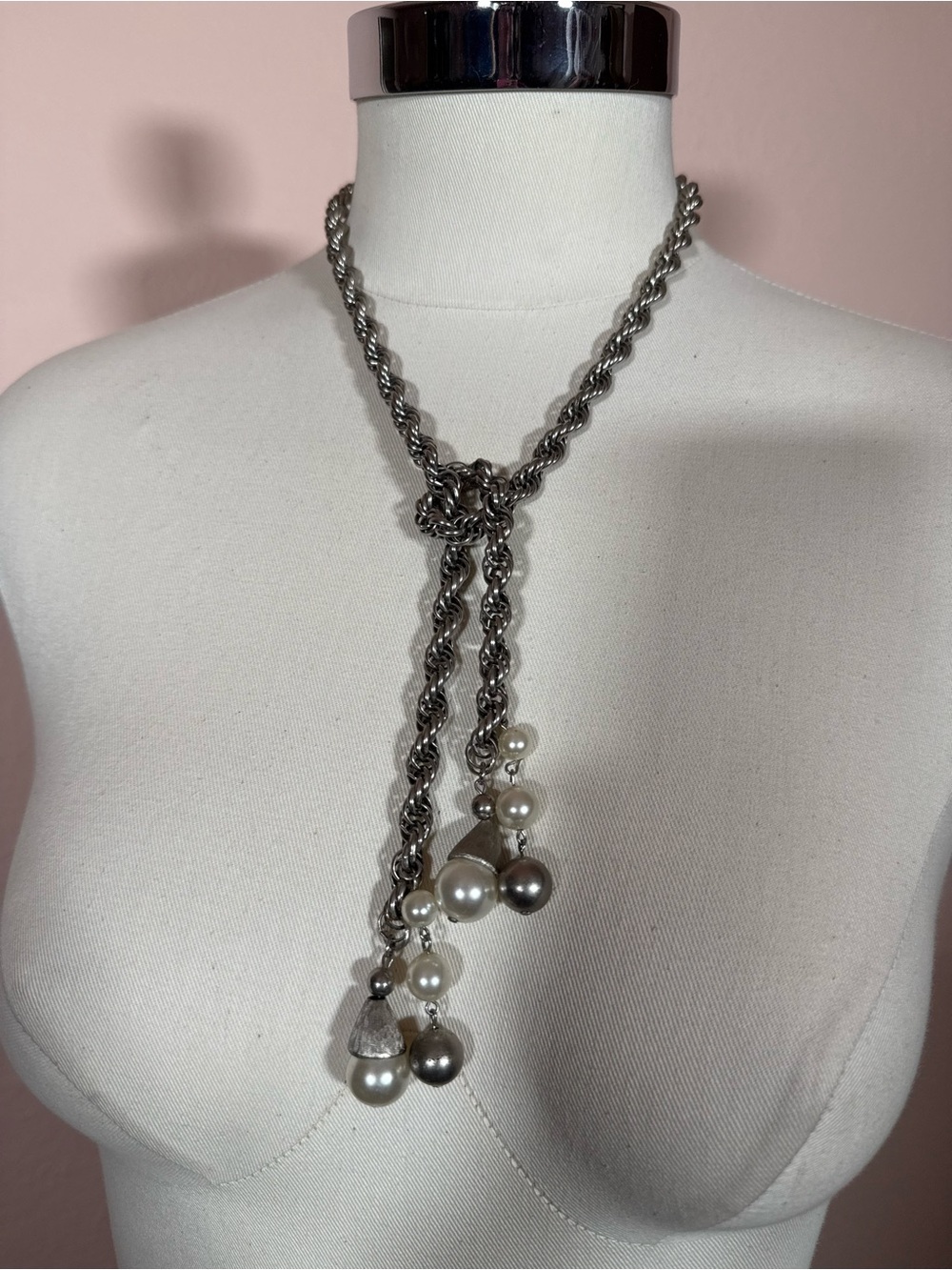 Vintage 1960 silver Pearl Oversized Chain Adjustable Lariat Necklace maximalist